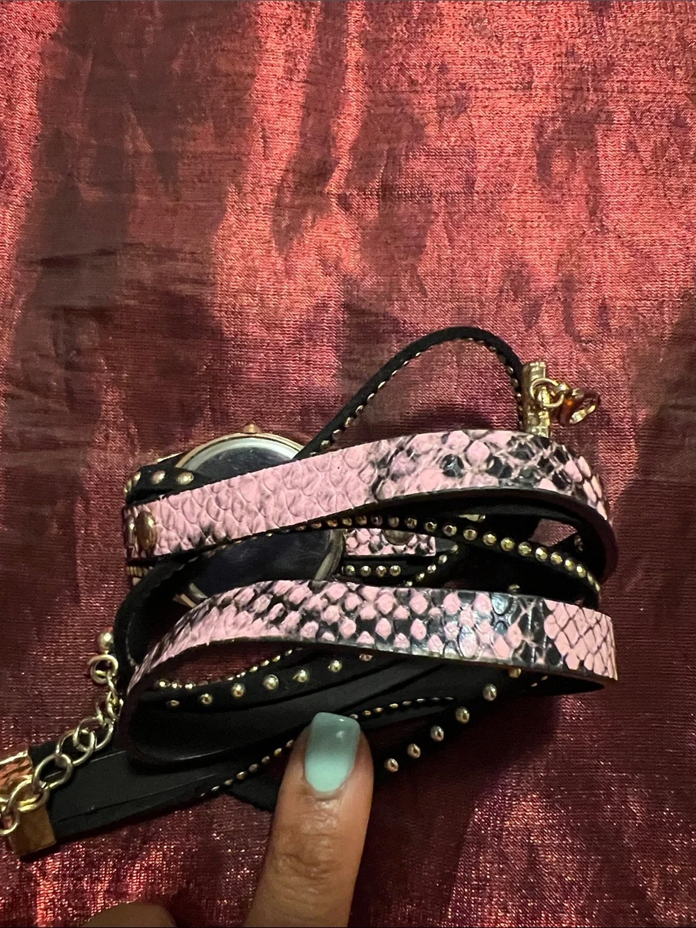 Pink Snake-Print Wrap Watch with Gold Dial